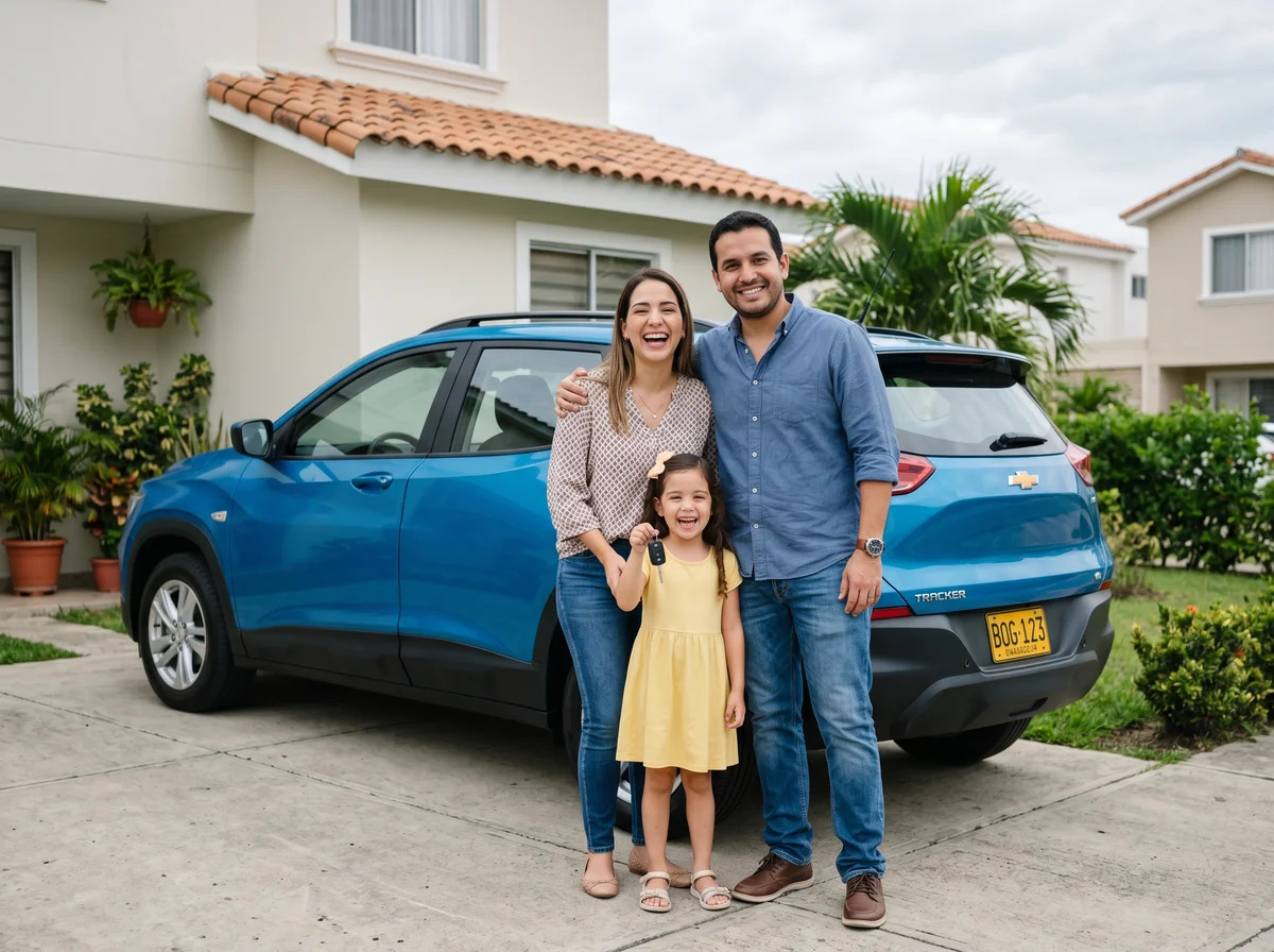 Familia feliz junto a su carro nuevo