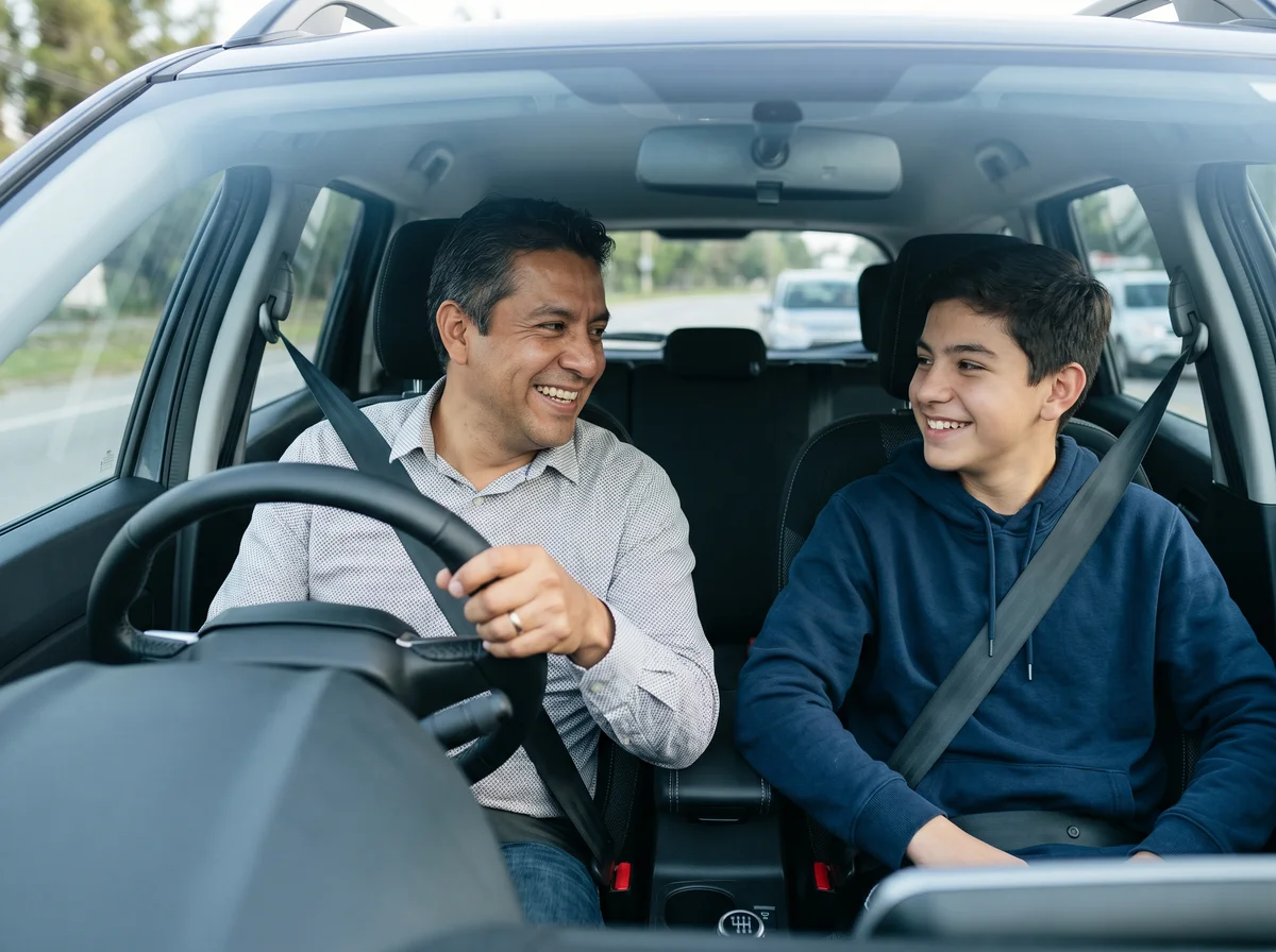 Padre e hijo disfrutando su nuevo vehículo